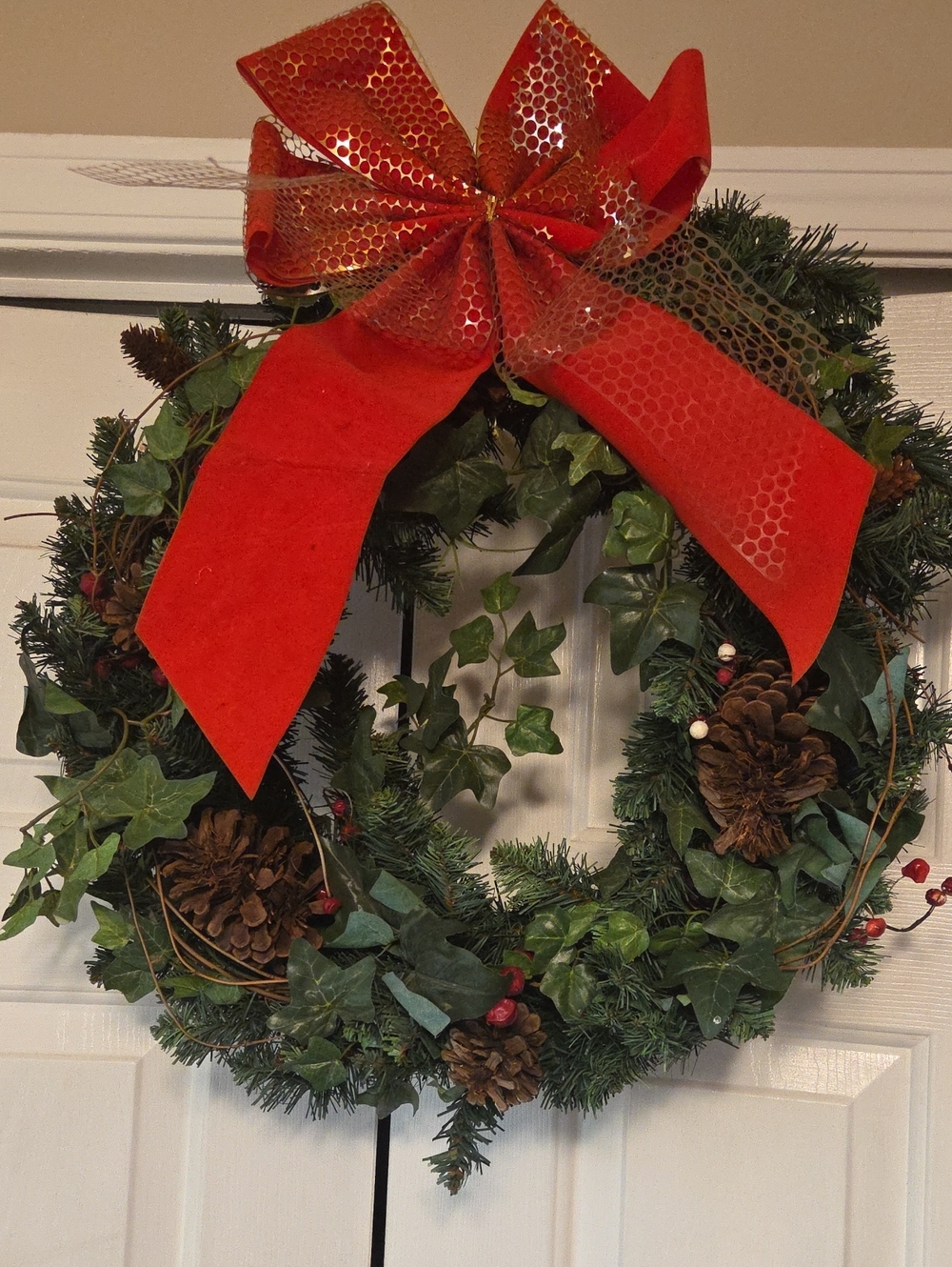 Festive Red Bow Pine and Ivy Holiday Wreaths